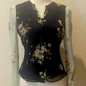 Joie blue flowered blouse with sheer long sleeve